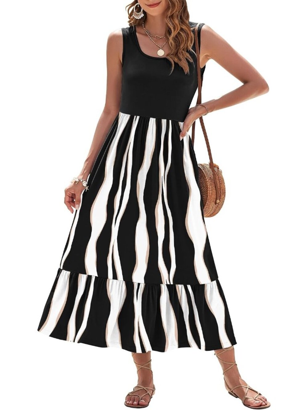 〽️Women's Black Stripe Tiered Maxi Dress Square Neck Sleeveless Pockets Summer